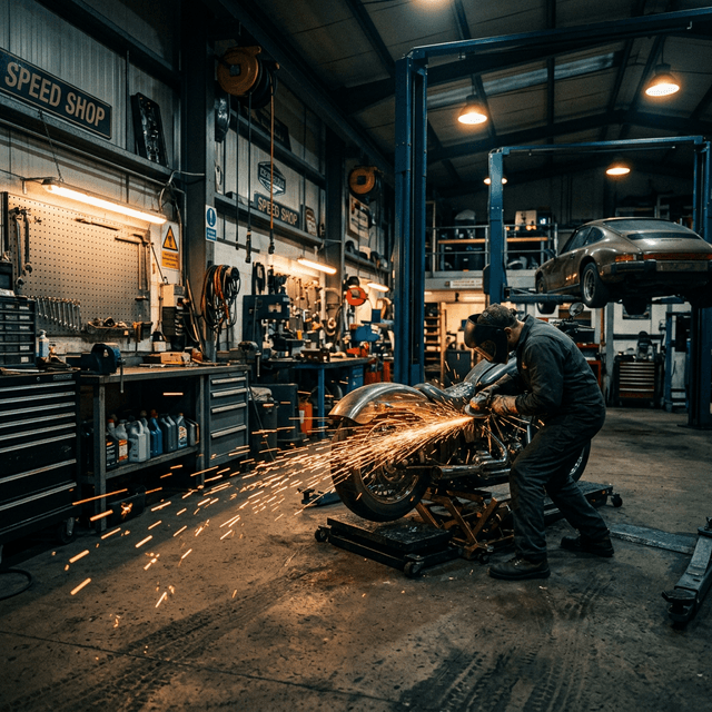 Professional garage workshop with tools and mechanics